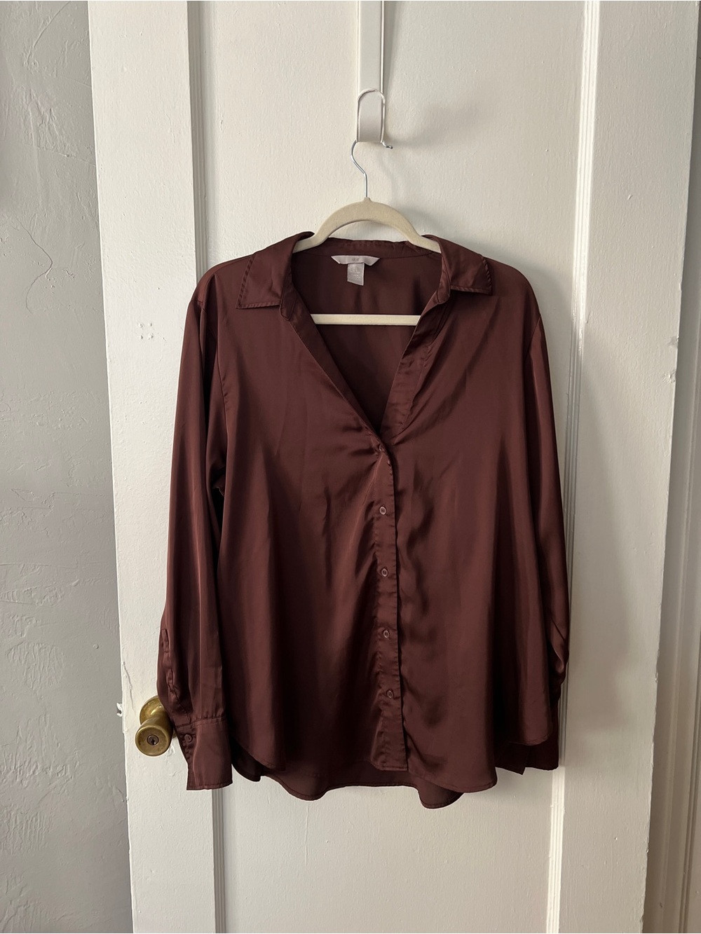H&M Satin Button-Down Shirt in Rich Brown